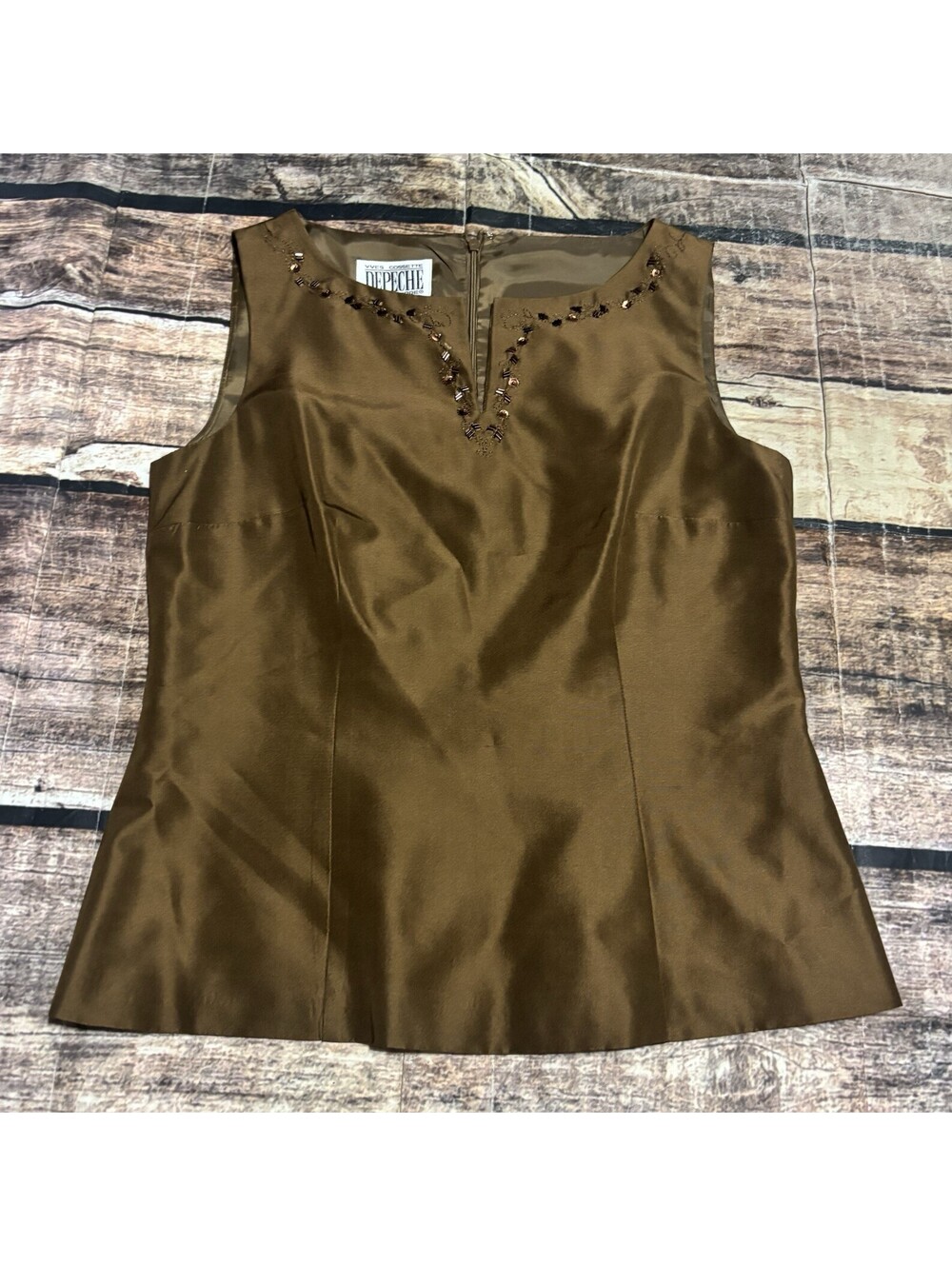 VTG Yves Cossette Depeche Mode Top Womens 6 Silk Embroidered Beaded Satin Brown